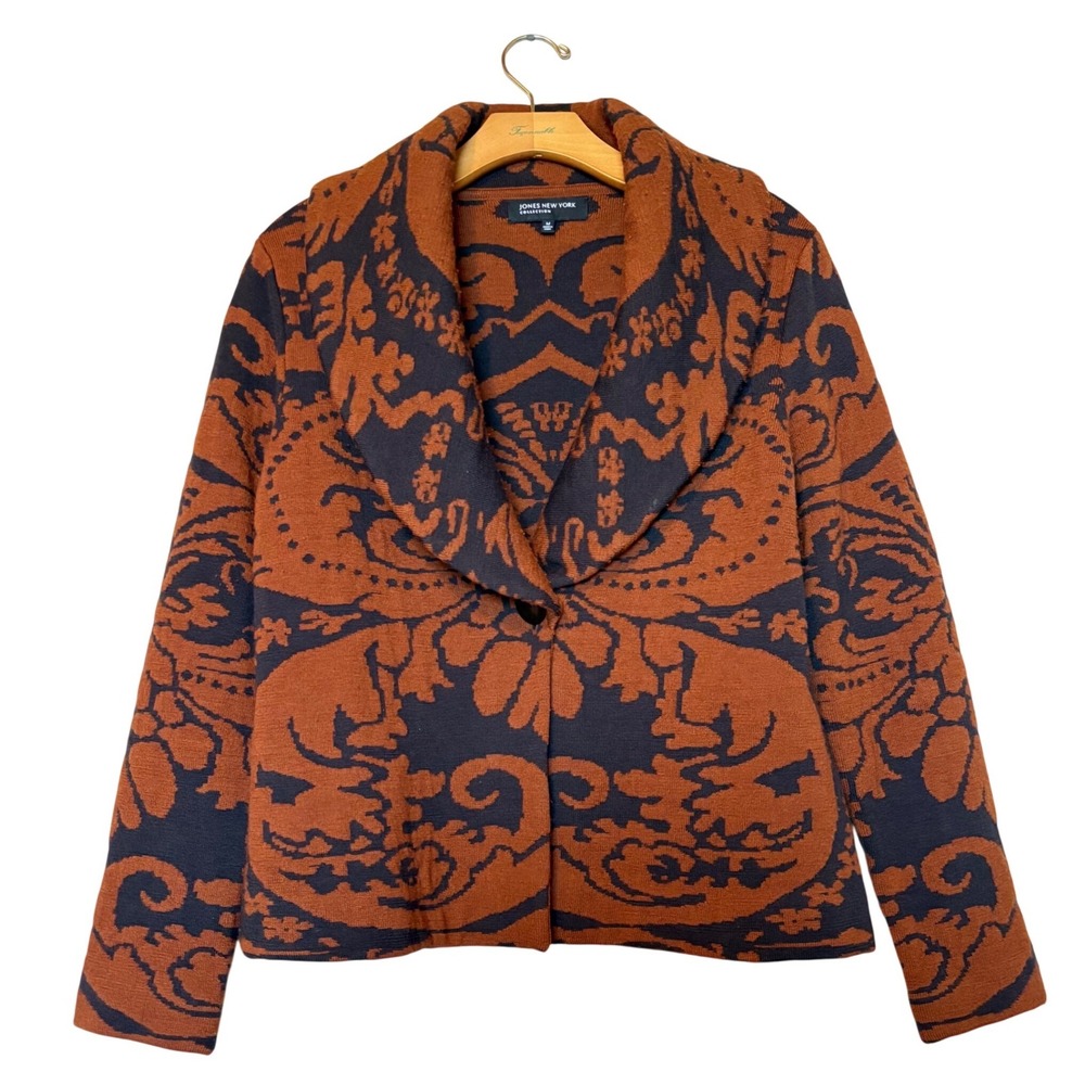 Jones New York Rust and Navy Patterned Shawl Collar Cardigan